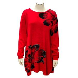CCC Spring Pullover Stretch Loose Red Black Floral Sweater Dress Rhinestones LGE